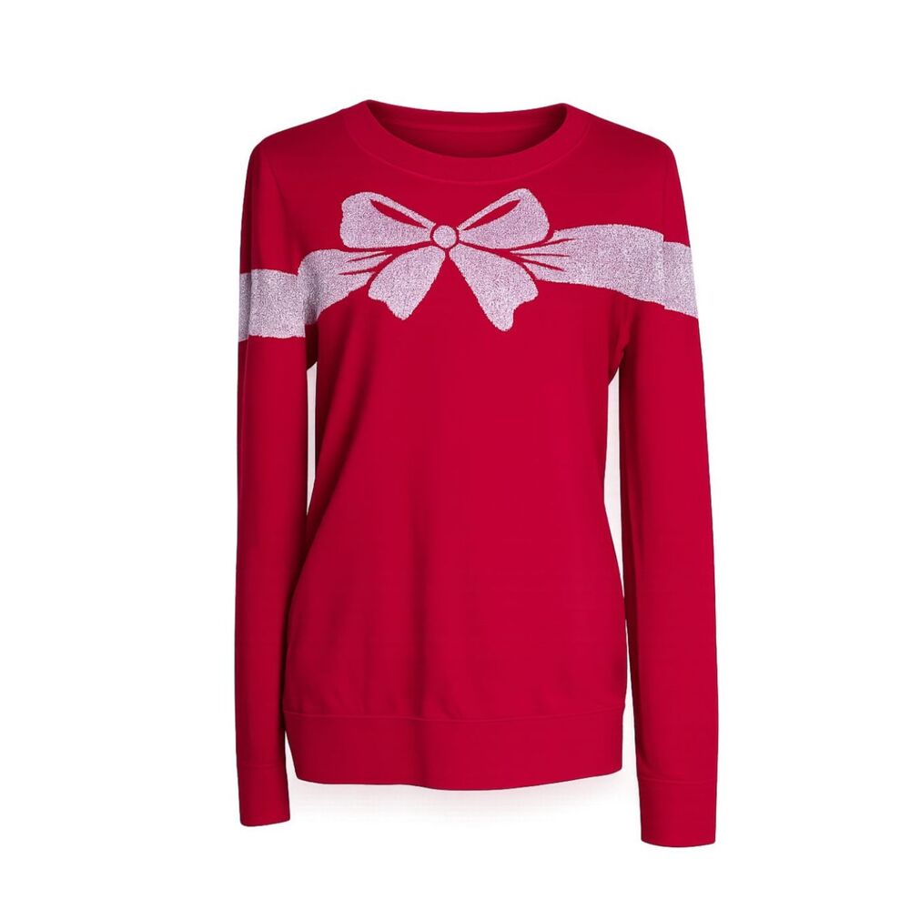 LOFT FESTIVE DRESSY PARTY RED KNIT SWEATER WITH SILVER BOW DESIGN ON FRONT SMALL